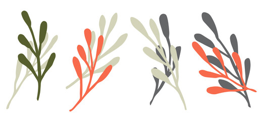 Set of twigs of plants with leaves. Colors: mesh gray, terracotta, green, dark gray. All elements are isolated, on a white background