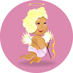 A lovable Cupid with a narrowed gaze on a pink round background is dedicated to St. Valentine's Day. He has a bow and arrow in his hand.
