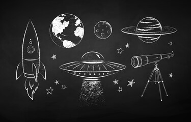 Chalk drawn collection of space objects - obrazy, fototapety, plakaty