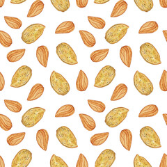 Repeat texture almond seed on white background. Watercolor hand drawing illustration. Perfect for print or digital paper. Food seamless pattern with yellow nut.