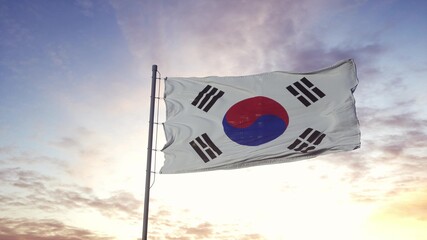 Naklejka premium South Korea flag waving in the wind, dramatic sky background. 3d illustration