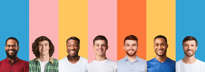 Row Of Diverse Males Portraits In Collage Over Bright Backgrounds