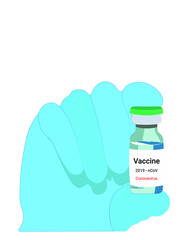 Coronavirus-vaccine.Hand wearing a medical glove holds a bottle of vaccine for preventing the covid-19 virus. Copy space.