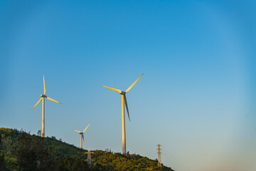 The wind turbines on top of hills in Nan'ao island, Guangdong province, China.