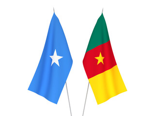 National fabric flags of Somalia and Cameroon isolated on white background. 3d rendering illustration.