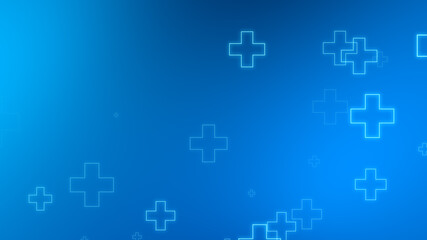 Medical health blue cross neon light shapes pattern background. Abstract healthcare technology and science concept.