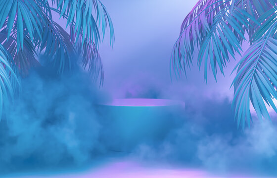 Beauty fashion podium backdrop with neon light and tropical palm leaves. 3d render. 