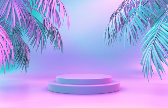 Beauty fashion podium backdrop with neon light and tropical palm leaves. 3d render. 