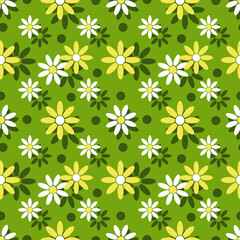 Chamomile flowers on a green background. Seamless spring pattern for textiles, pillows, slipcovers, bedding, wrapping paper. 