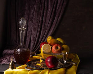 Vintage still life with fresh fruits and vine