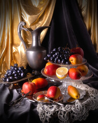 Vintage still life with fresh fruits and vine