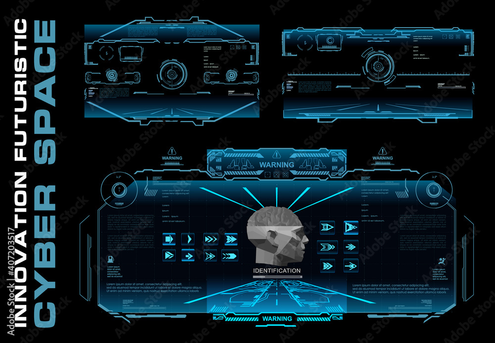 Poster set of three holographic digital user interfaces with dashboards and elements of varying complexity.