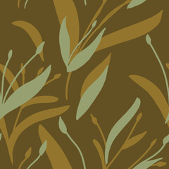 Seamless pattern with yellow and beige plants and branches on brown background. Elegant linen, bedclothing, print, packaging, wallpaper, textile design