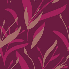 Seamless pattern with hand-drawn pink and beige plants on purple background. Elegant linen, bedclothing, print, packaging, wallpaper, textile design