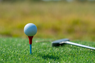 Golf balls on artificial grass with blur background
