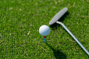 Golf balls on artificial grass with blur background
