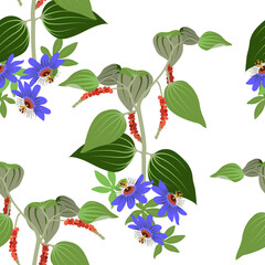 Obraz premium Beautiful tropical leaves and passionflower on a white background. Seamless vector illustration. v