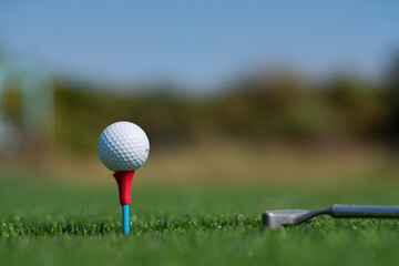 Golf balls on artificial grass with blur background
