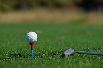 Golf balls on artificial grass with blur background
