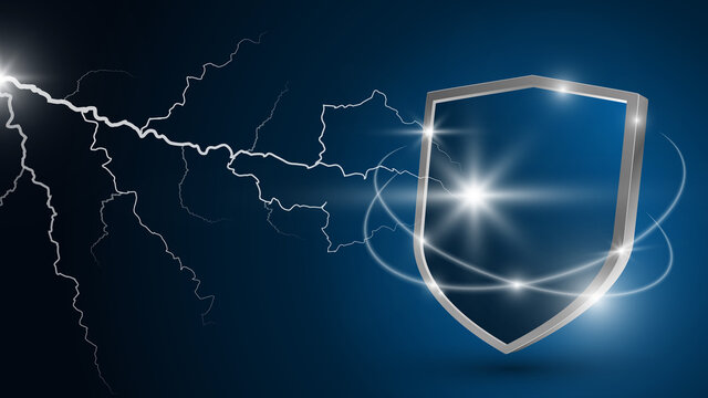 Glowing lightning strikes the shield. Protection against electrical discharge. Concept of reliable protection, security. Realistic 3d vector. Dark blue background