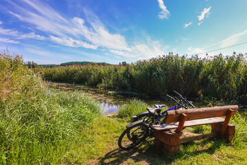 Naklejka premium Bicycles, bench and small lake in summer. Outdoor activities.