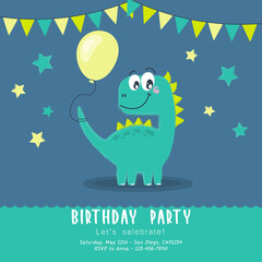 Cute baby girl dinosaur. Birthday invitation.