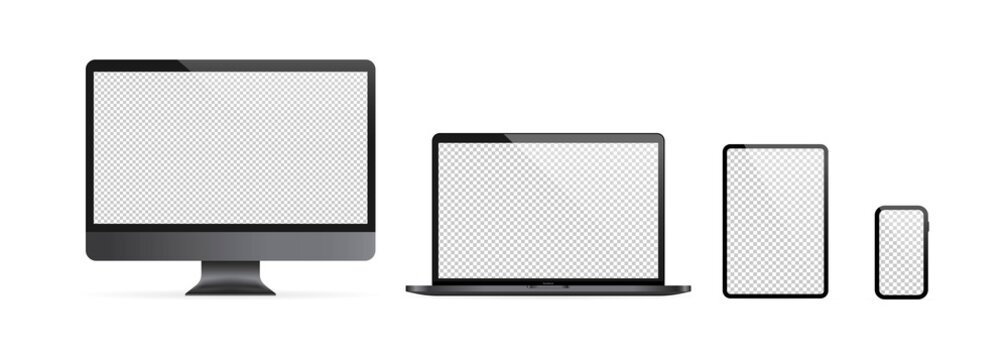 Realistic computer monitor, laptop, tablet and mobile phone icon set. Dark theme. Blank display. Notebook. Vector on isolated white background. EPS 10