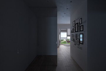 3d visualization of the interior of the hall, city apartment. Render of the Scandinian style interior design. Background for presentation with different lighting.