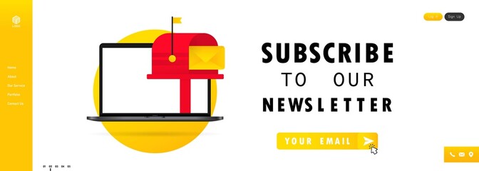 Subscribe to our newsletter banner. Sign up form with envelope, email sign. Vector on isolated white background. EPS 10