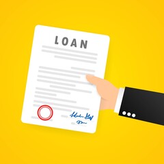 Business man hand holds contract. Signed contractual document. Legal document symbol with stamp. Vector on isolated background. EPS 10