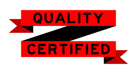 Vintage red color ribbon banner with word quality certified on white background