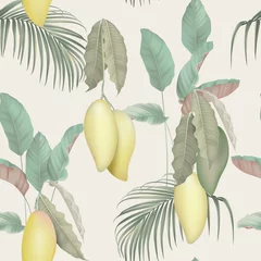Muurstickers Fruit seamless pattern, Barracuda mangos with various plants on grey © momosama