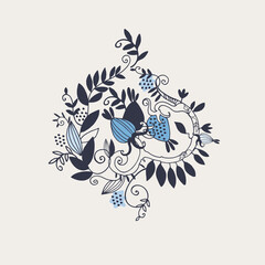 Decor printable art in Damask style. Hand drawn floral vector illustration with branches, leaves, fantasy fruits on beige background. Design for prints, posters, textile