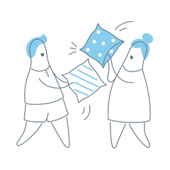 Young happy couple having fun with a pillow fight, pajama party. Flat outline modern vector illustration. 