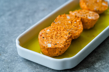 Traditional Turkish Spicy Surk Cheese Balls with Olive Oil from Hatay in Turkey. Shanklish Orange Color.