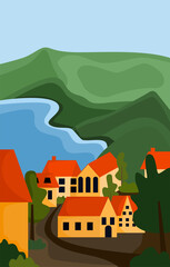 Naklejka premium A town in the mountains. Small houses, a lake, and hills.