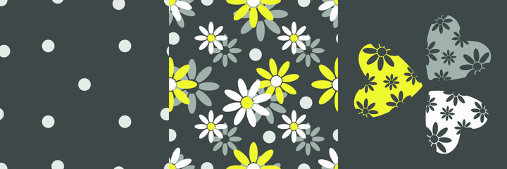 Set of seamless patterns with flowers, dots and hearts for textiles, pillows, covers, bedding, wrapping paper. Vector illustration.