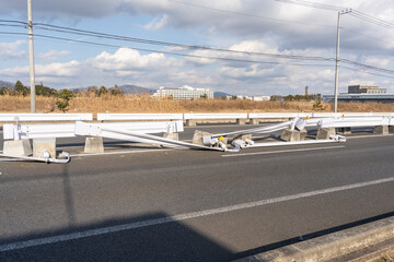 Guardrails destroyed by a traffic accident, Tsukuba, Ibaraki, Japan.