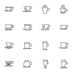Tea and coffee cup line icons set, outline vector symbol collection, linear style pictogram pack. Signs, logo illustration. Set includes icons as irish coffee mug, hot tea cup and saucer, mocha