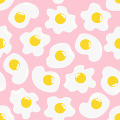 Vector seamless pattern on the theme of breakfast with scrambled eggs on a pink background. Cute delicate pattern. Suitable for postcards, wallpaper, wrapping paper, clothing, background.