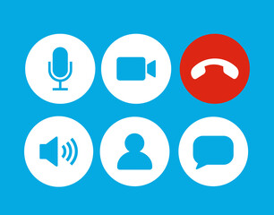 Set of Video call icons. Video conference. Collections buttons of on-line video chat app, internet talk, call technology. Web app ui display template. Videoconferencing and online meeting workspace