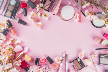 Makeup products with spring flowers
