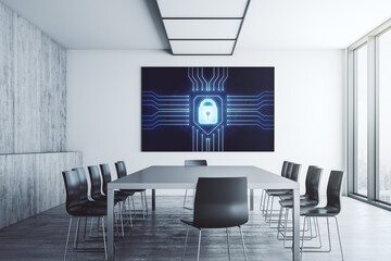 Creative light lock illustration and microcircuit on tv display in a modern presentation room, cyber security concept. 3D Rendering