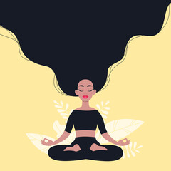Obraz premium Woman meditating. Concept illustration for yoga, meditation, healthy lifestyle, relax. Background with leaves. 