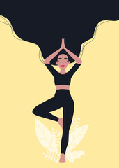 Fototapeta na wymiar Woman doing tree pose. Concept illustration for yoga, meditation, healthy lifestyle, relax. Background with leaves. 