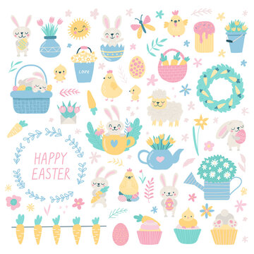 Set of cute Easter cartoon characters and design elements. Bunny, chickens, eggs and flowers. Vector illustration