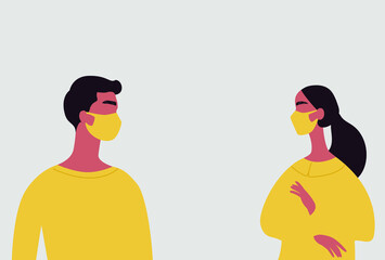 Fototapeta premium A man and a woman in medical masks keep their distance. Illustration of recommendations for personal safety during the epidemic. 