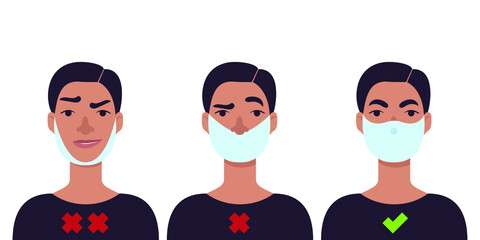 Illustration about a man with the correct and wrong position of a medical mask on his face