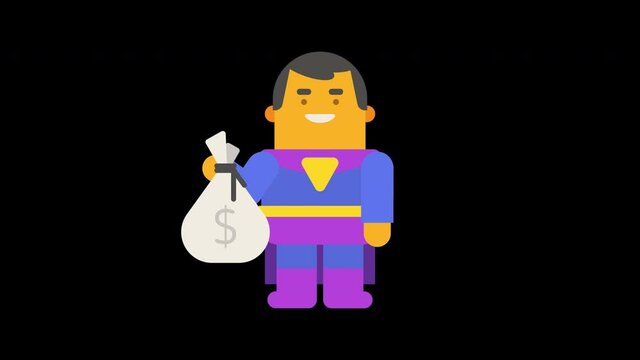Superhero holds big bag of money and smiles. Alpha channel. Looped animation. Character animation