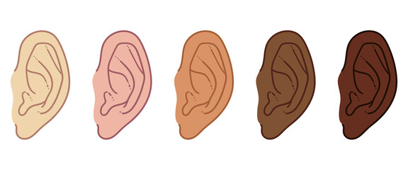 Set of Hand Drawn Ear Sketch Symbol with different skin color. Vector Listen Element In doodle Style isoleted on white.